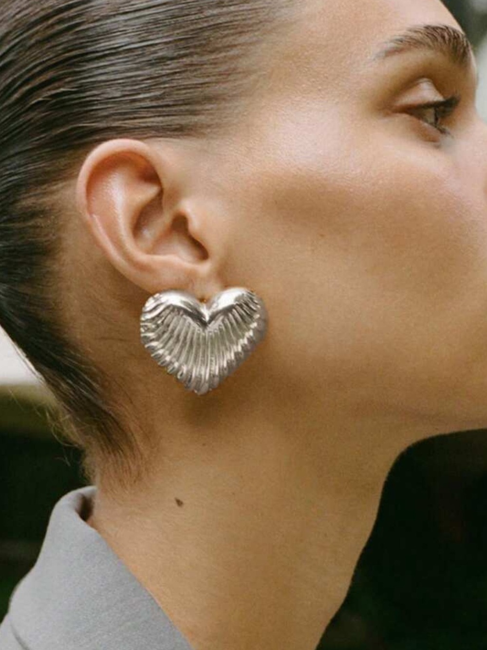 Polished Silver Ribbed Heart Earrings